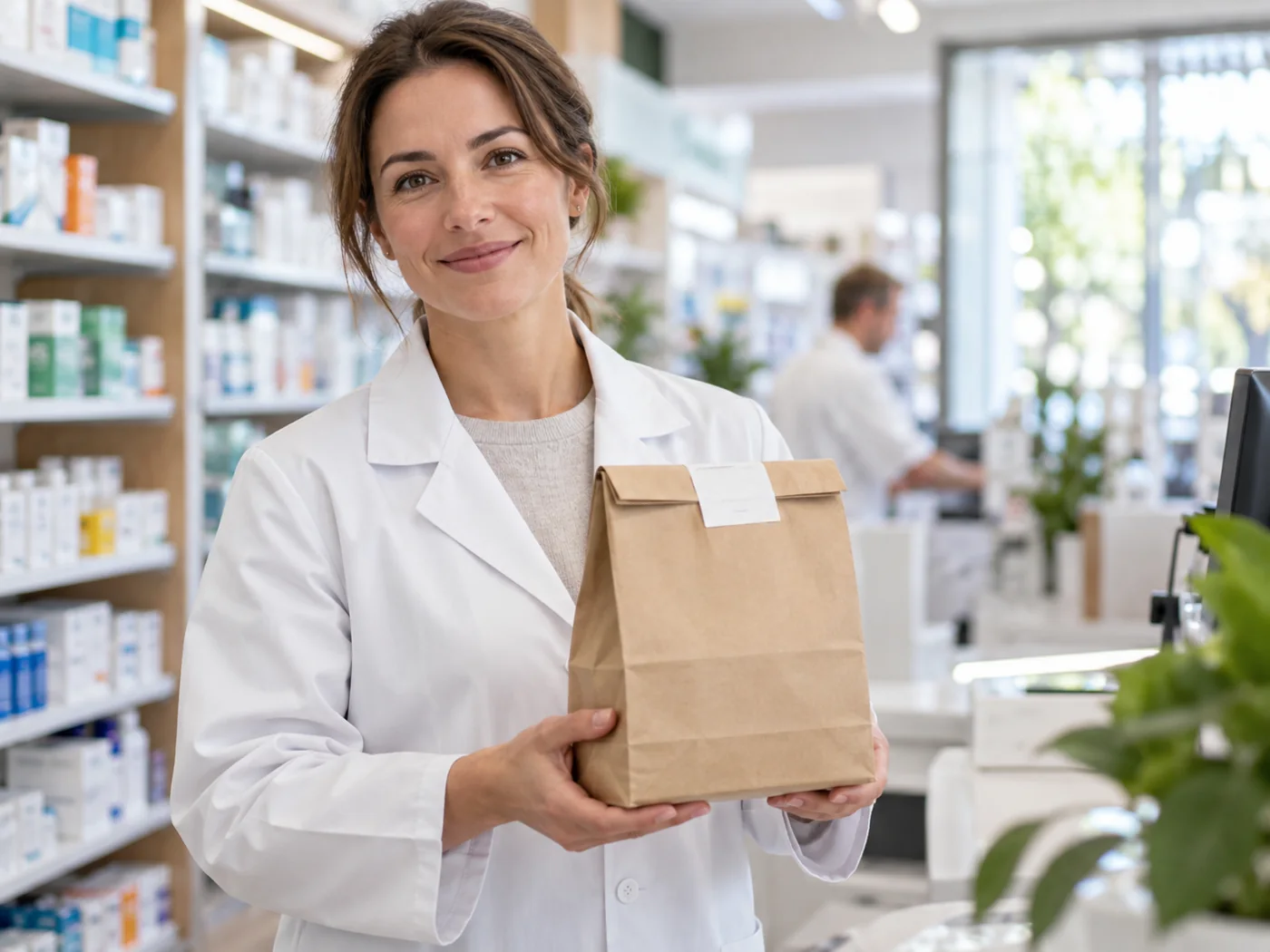 Pharmacienne préparant un colis de pharmacie